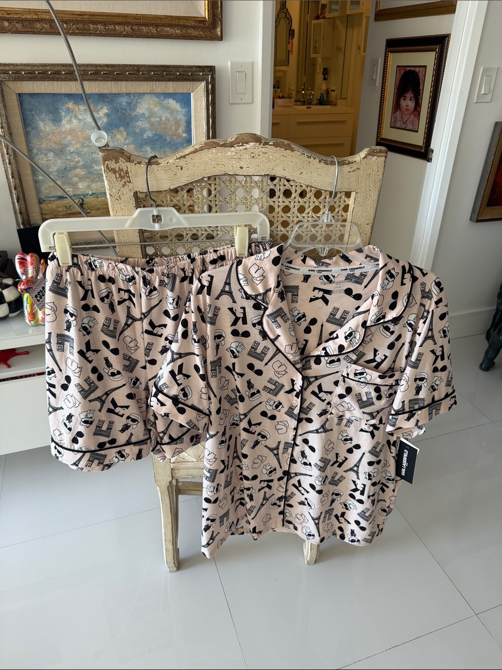 Karl Lagerfeld Pale Pink Short Pajama Top and Shorts with Black Graphic Print